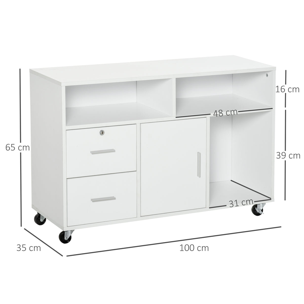 Support d'imprimante à 2 tiroirs meuble de rangement sur roulettes étagères ouvertes et placard, 100 x 35 x 65 cm, blanc-2
