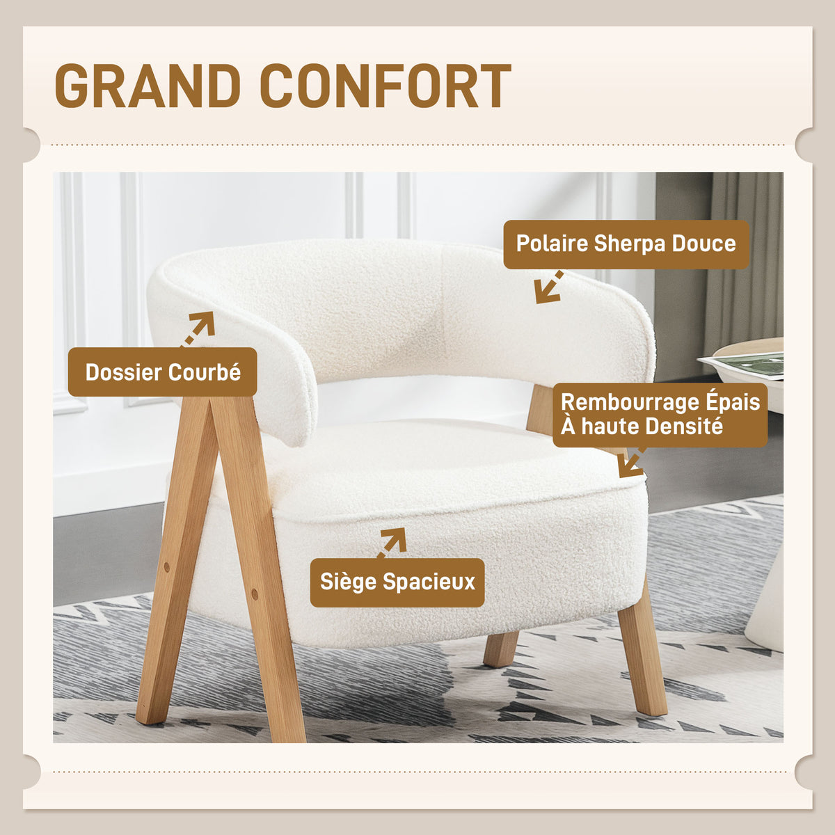 Fauteuil de salon en tissu bouclette, chaise rembourrée, assise large, dossier ergonomique, 70 x 64 x 71 cm, blanc-3