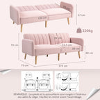 Canapé Convertible 2 Places Design scandinave Dossier inclinable 3 Positions Pieds Bois Tissu Aspect Lin Rose-2