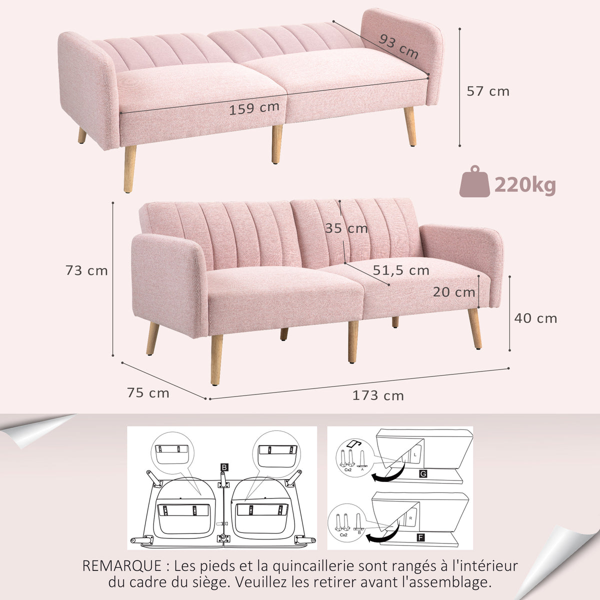 Canapé Convertible 2 Places Design scandinave Dossier inclinable 3 Positions Pieds Bois Tissu Aspect Lin Rose-2