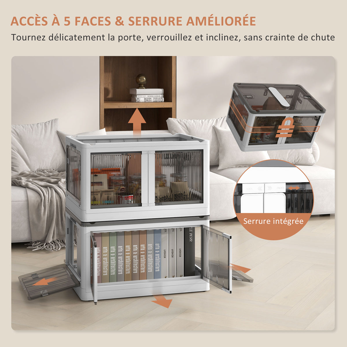 Boîtes de rangement pliables et empilables 69L en plastique avec couvercle et 4 roulettes, accès à 5 côtés, blanc-3