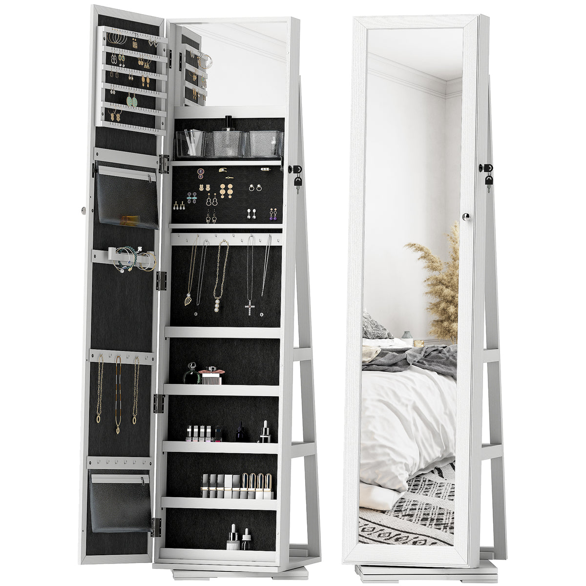 Armoire à Bijoux pivotante verrouillable boîte à bijoux avec Miroir - Armoire Bijoux Multi-Rangement - en Bois Blanc-0
