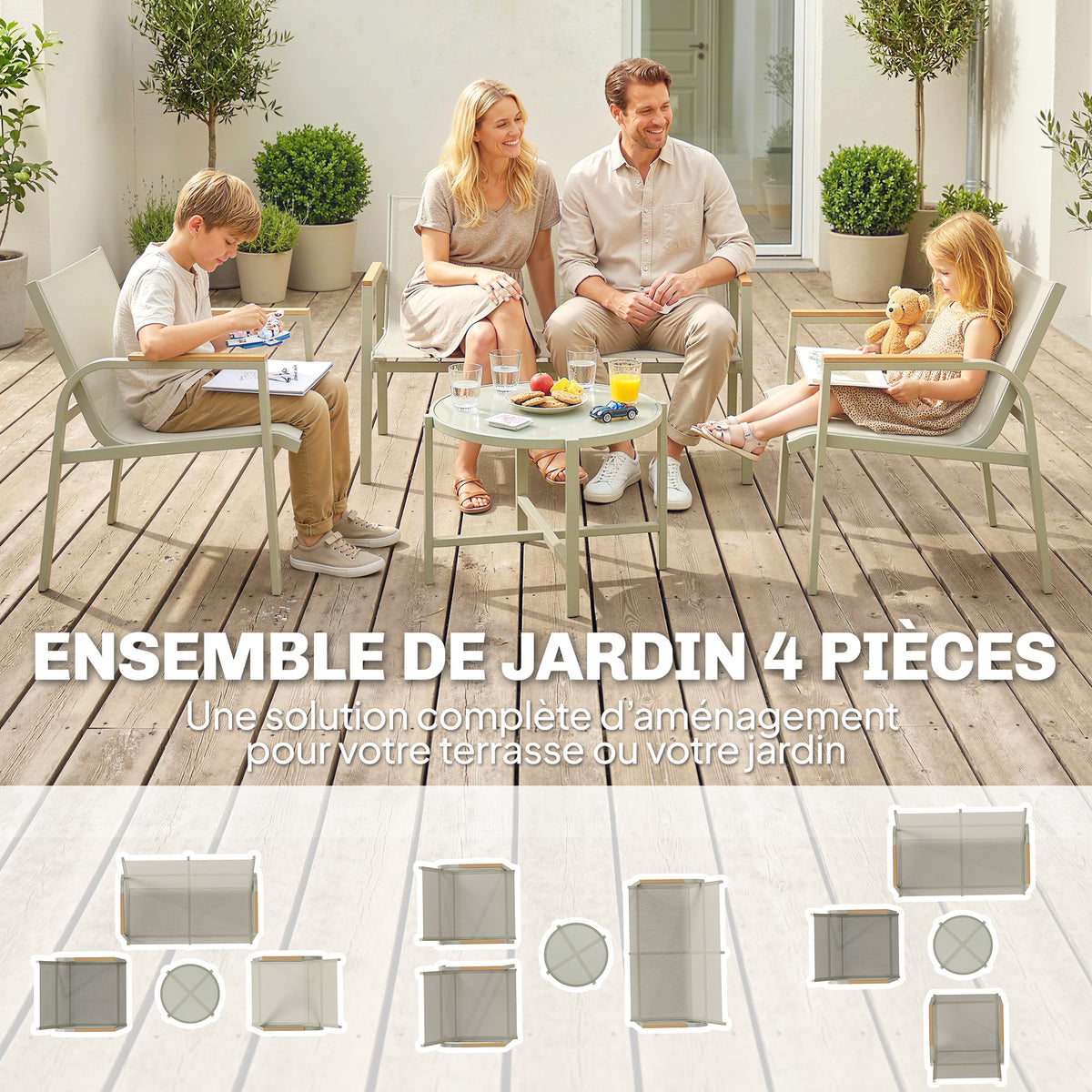 Salon de Jardin Ensemble de Terrasse avec Canapé 2 Places, 2 Fauteuils et Table Basse en Verre Trempé 4 Pièces Vert-3