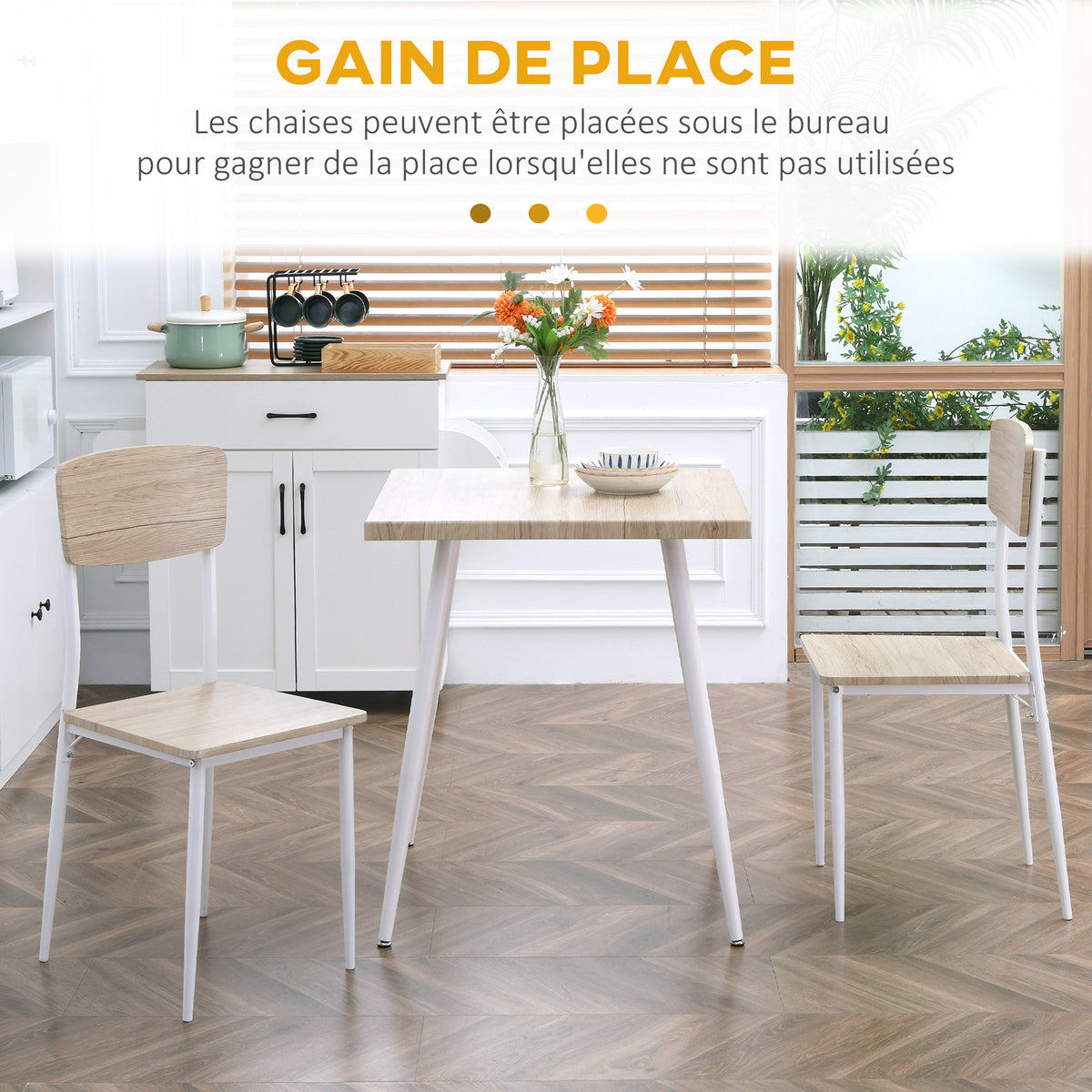 Ensemble table à manger carrée 3 pièces avec 2 chaises cuisine salle à manger plateau MDF châssis métal blanc-3
