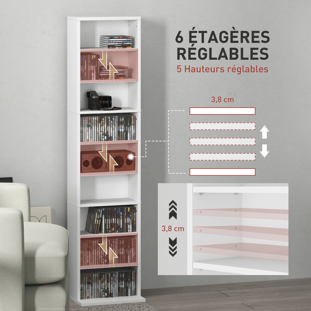 Rangements pour CD et DVD 9 compartiments et 6 étagères réglables capacité max. 260 CD/120 DVD 33 x 24 x 140 cm blanc-4