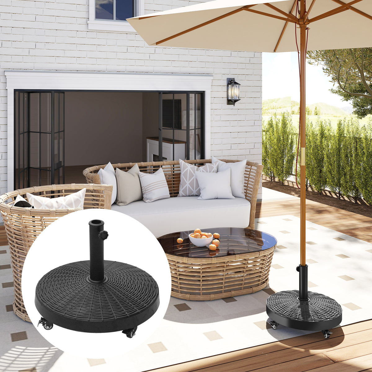 Pied de parasol base de lestage poids net 22,7 kg en résine avec 4 roulettes - dim. Φ52 x 41H cm - Noir-1