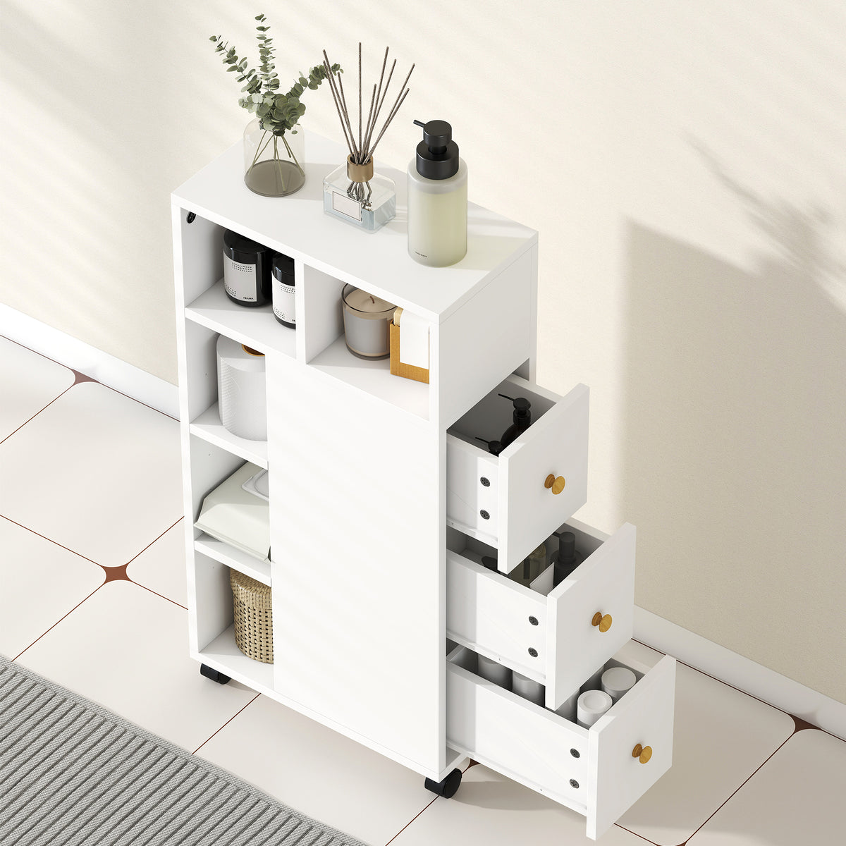 Meuble de salle de bain à roulettes, meuble de rangement étroit, 3 tiroirs, 5 compartiments ouverts, 20x40x80cm, blanc-8