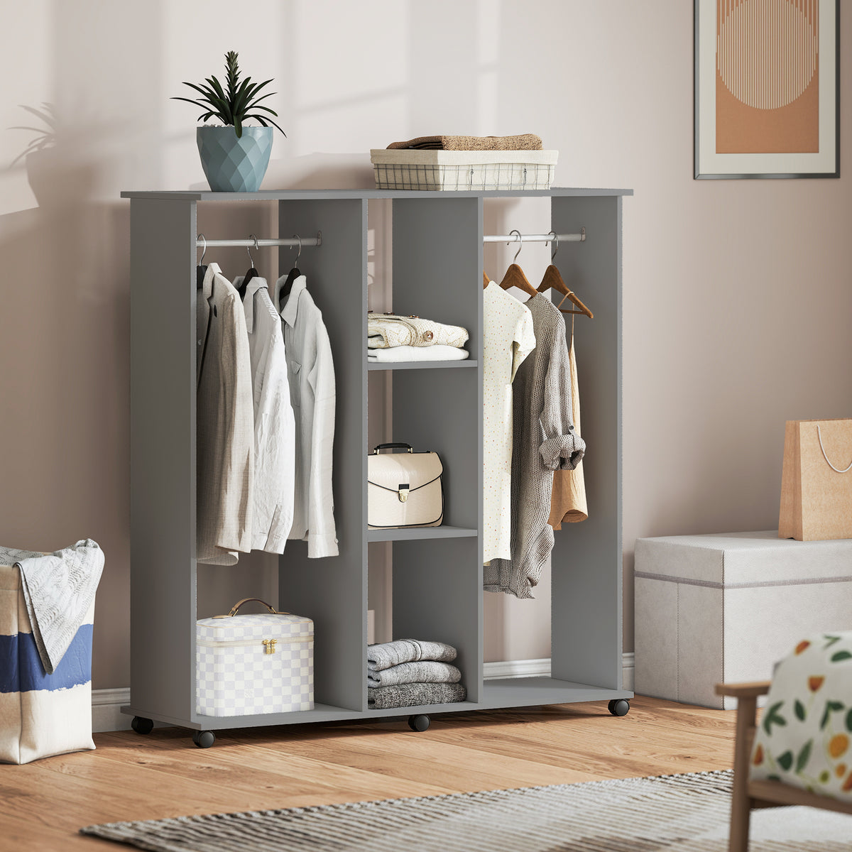 Armoire penderie meuble de rangement mobile 6 roulettes 120 x 40 x 128 cm en bois gris-1