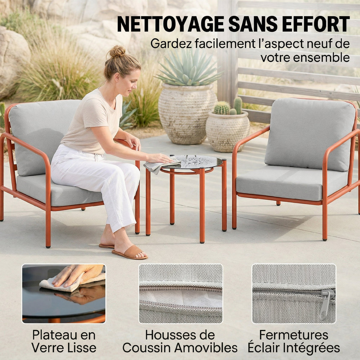 Salon de Jardin 3 Pièces, 2 Fauteuils, 1 Table Basse, Coussins Épais, Plateau en Verre Trempé, 63x77x76cm, Rouge Vineux-4