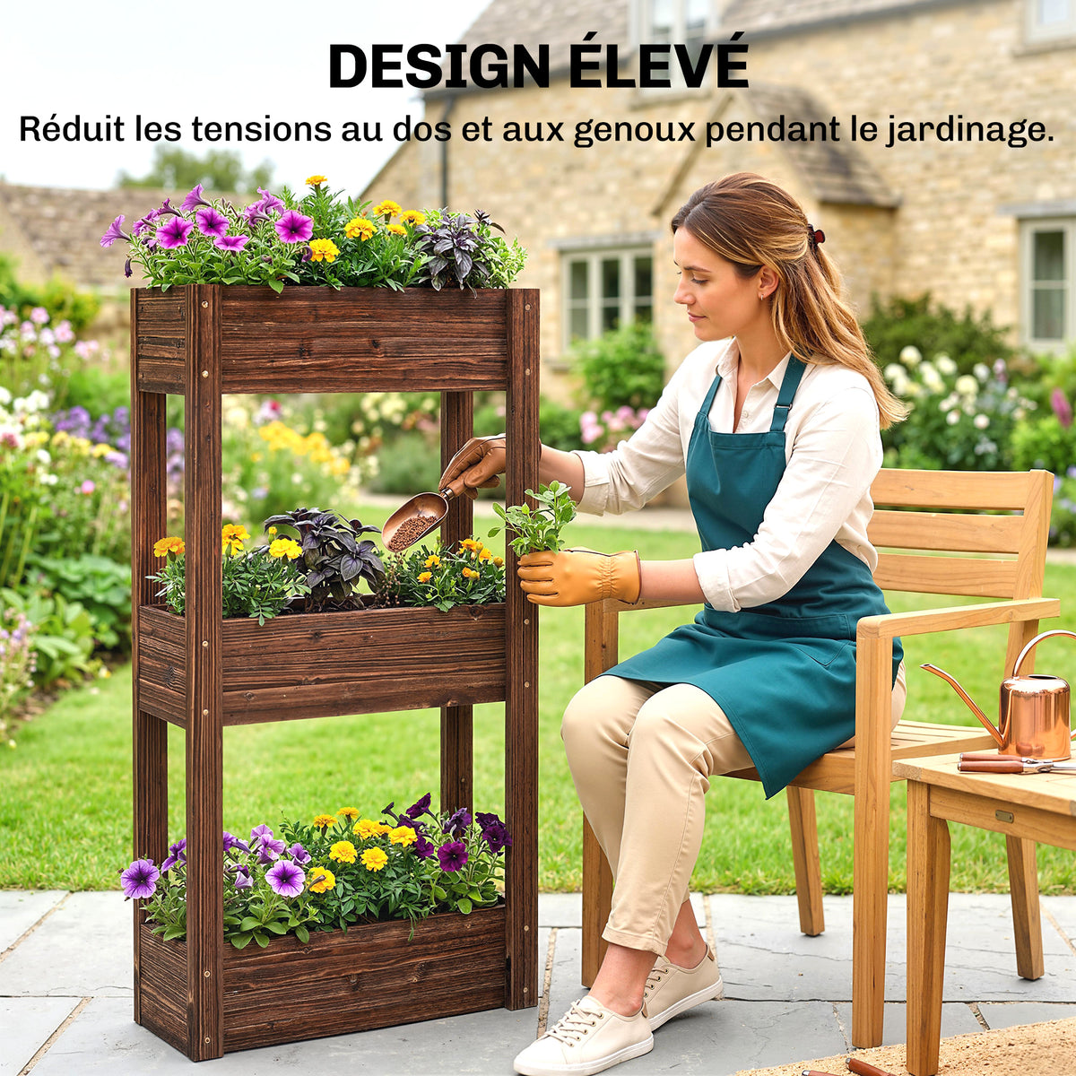 Bac à Plantes Surélevé Jardinière sur Pieds 3 Niveaux Trous de Drainage et Doublure 60 x 25 x 120 cm, Marron-4