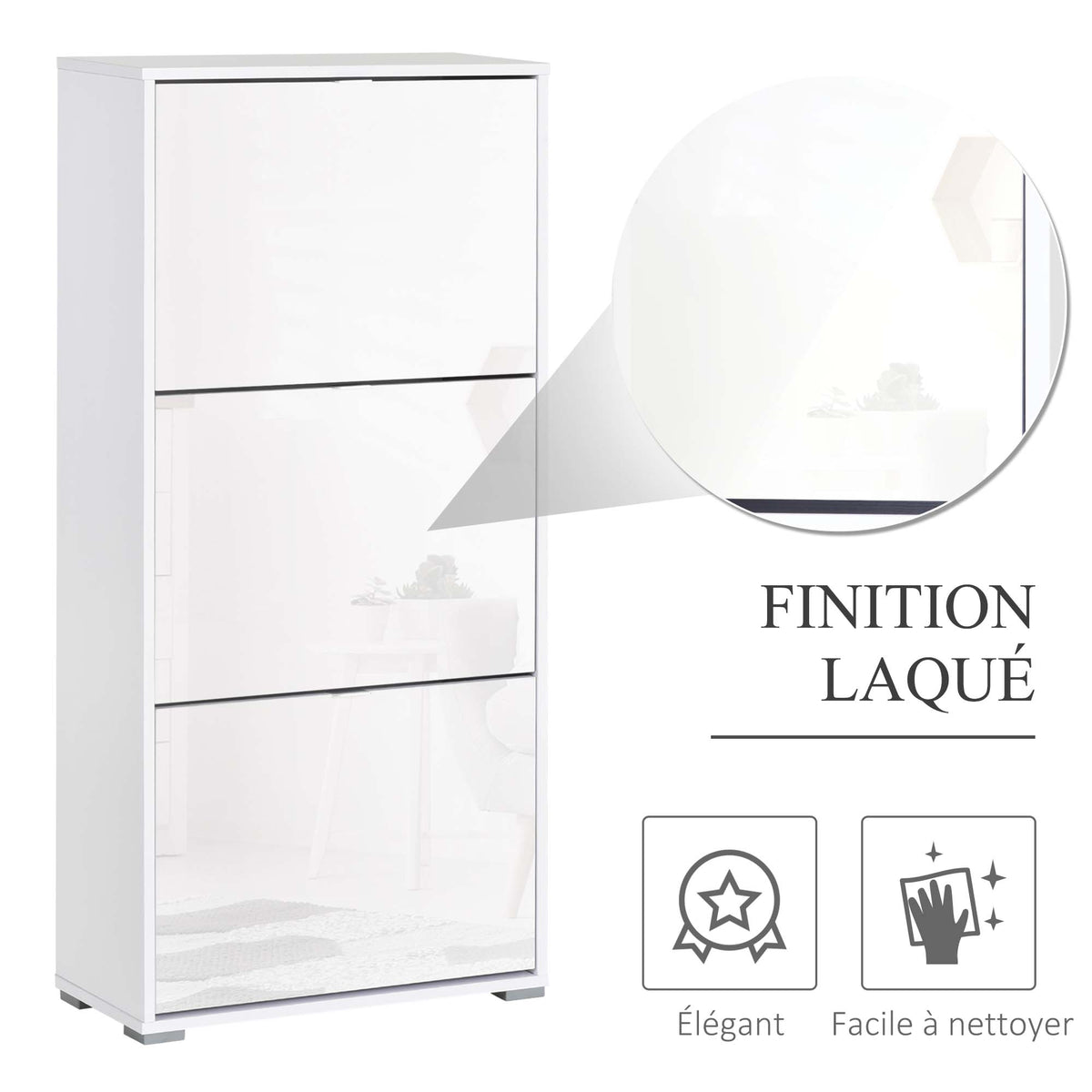 Meuble à Chaussures Armoire à chaussures 3 Portes abattantes 3 Compartiments en bois 60L x 26I x 124H cm Blanc laqué-4