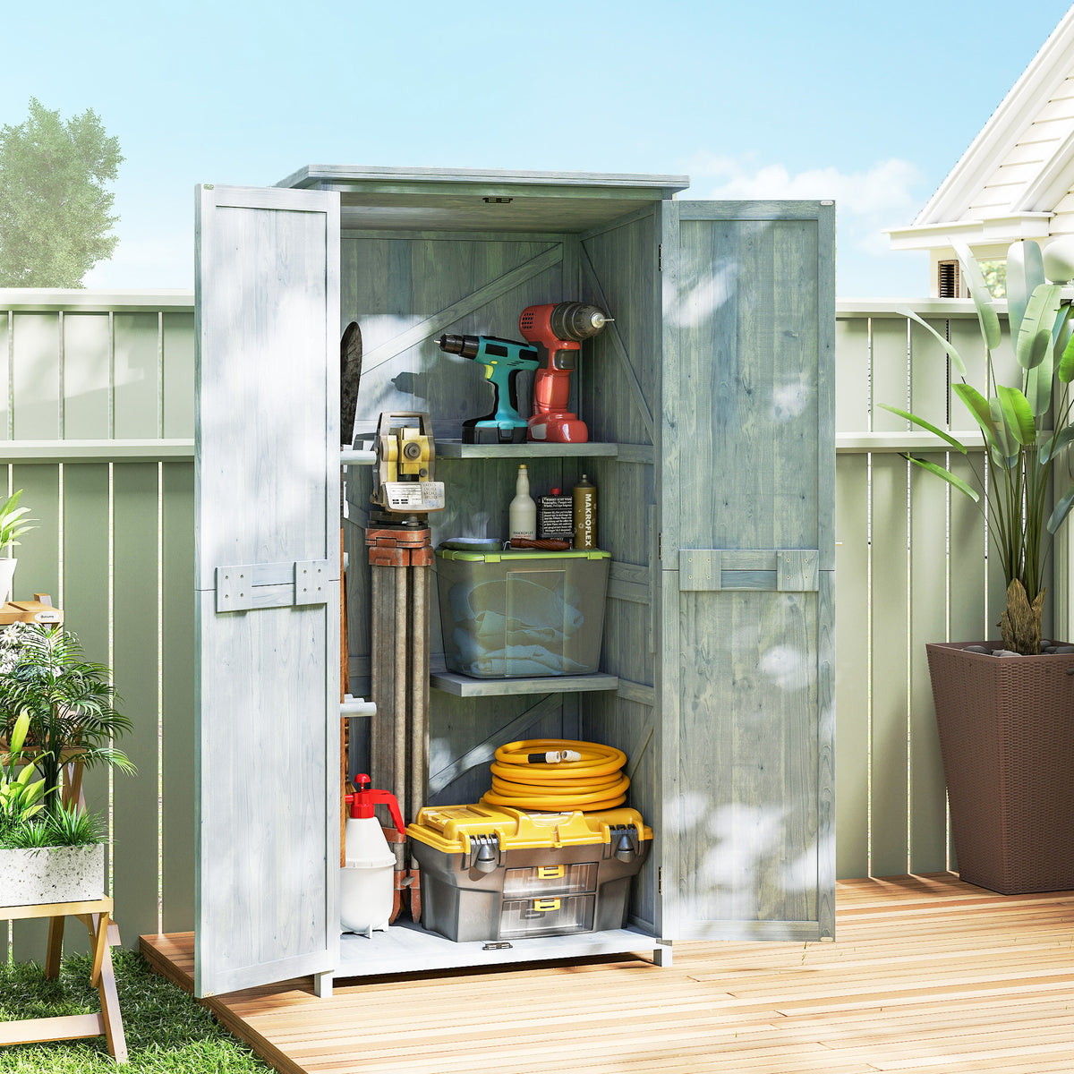 Armoire de jardin, armoire extérieure de rangement en bois avec 2 portes verrouillables, 2 étagères et 10 crochets, gris-1