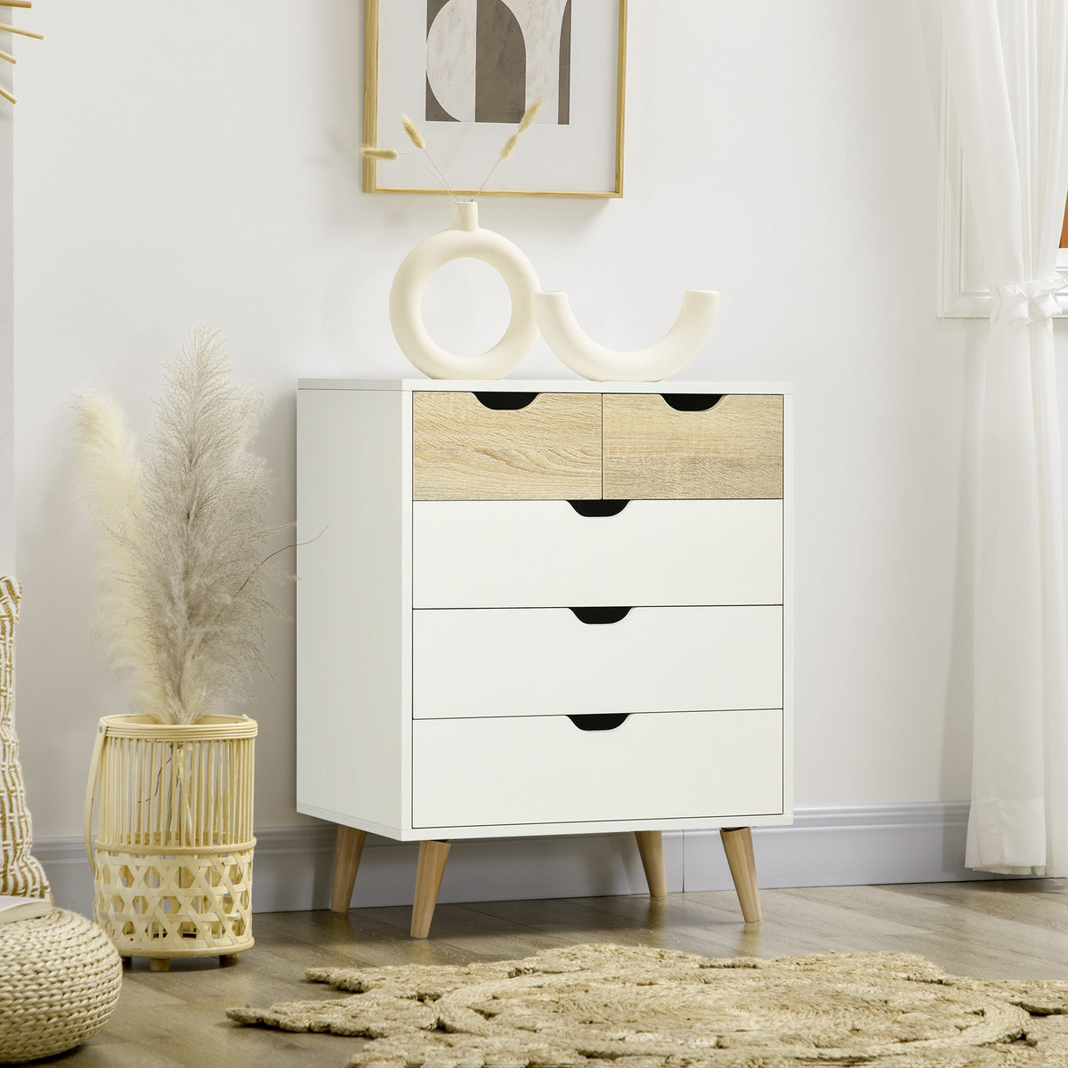 Commode 5 tiroirs meuble de rangement 4 pieds biseautés - bois, 60 x 40 x 77,5 cm, blanc-8