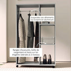 Armoire penderie meuble de rangement mobile 4 roulettes avec tringle à vêtements et étagères ouvertes, gris-6