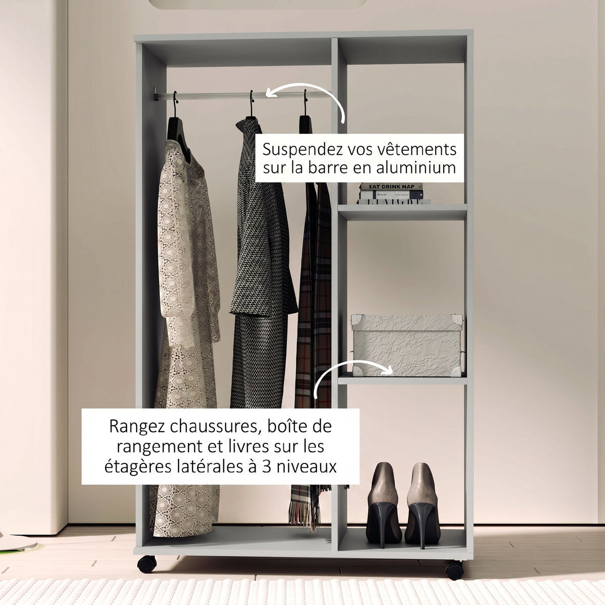 Armoire penderie meuble de rangement mobile 4 roulettes avec tringle à vêtements et étagères ouvertes, gris-6