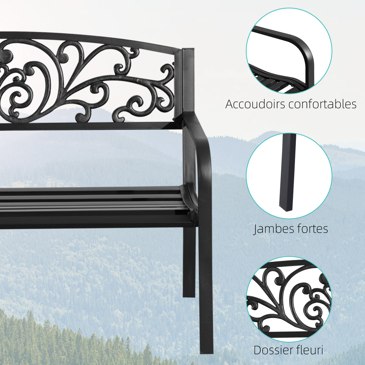 Banc de Jardin terrasse en Acier Fonte Noir 2 Places 127 x 60 x 87 cm Charge Max 240 Kg-4