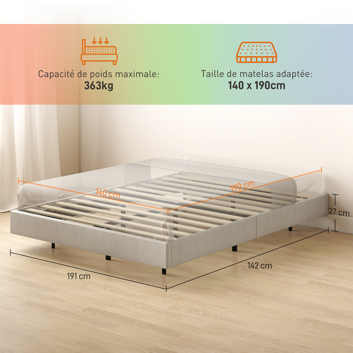 Cadre de lit flottant 140 x 190 cm avec éclairage LED, lit double rembourré en lin, sommier à lattes en bois, beige-2