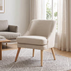 Fauteuil Scandinave Confortable pour Salon et Chambre, Pieds en Bois Massif, Revêtement en Tissu Lin, Beige-9