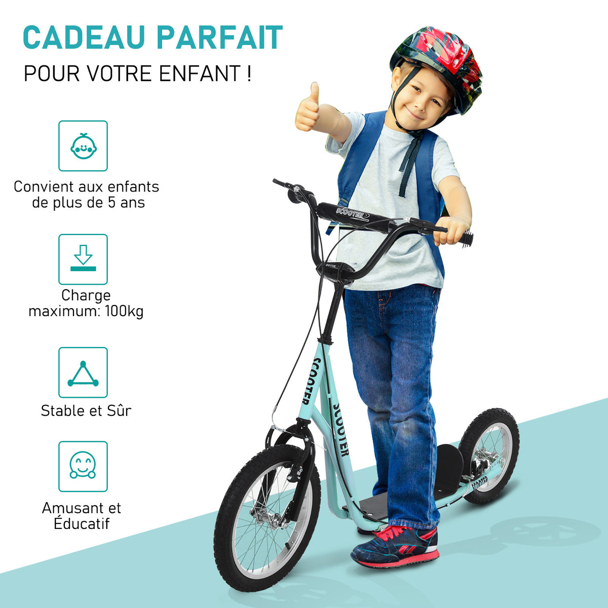 Trottinette patinette Grandes Roues pneumatiques Ø 40 et 30 cm Hauteur Guidon réglable Frein AV/AR béquille Acier Bleu Ciel Noir-3