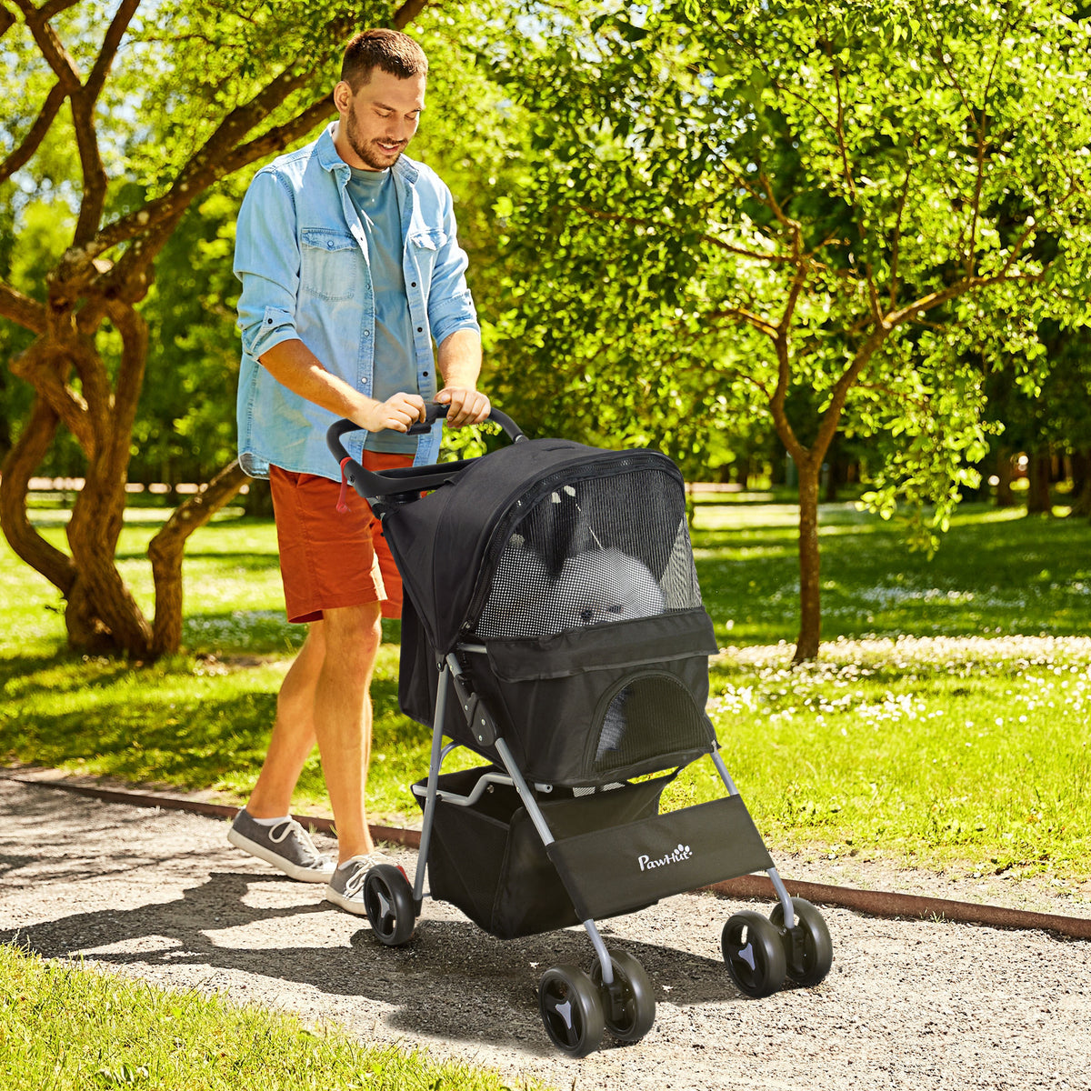 Poussette Buggy pour Chiens 77L x 45l x 99,5H cm Pliable Imperméable Tissu 600D Oxford 4 Roues Noir-1