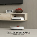 Meuble TV suspendu, meuble télé pour téléviseur jusqu'à 50 pouces, tiroir rabattable 2 étagères 120x24x16cm bois naturel-3