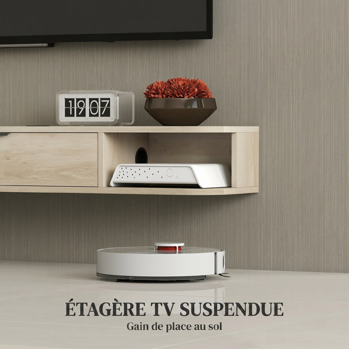 Meuble TV suspendu, meuble télé pour téléviseur jusqu'à 50 pouces, tiroir rabattable 2 étagères 120x24x16cm bois naturel-3
