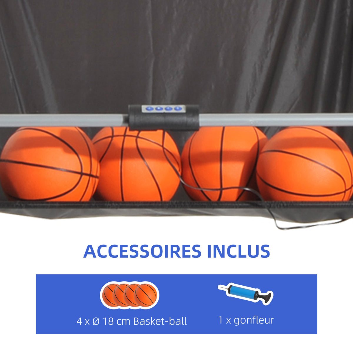 Jeu basketball arcade pliable 2 panier 4 balles pompe gonflage, système pointage, 4 205x110x205cm, noir blanc-4