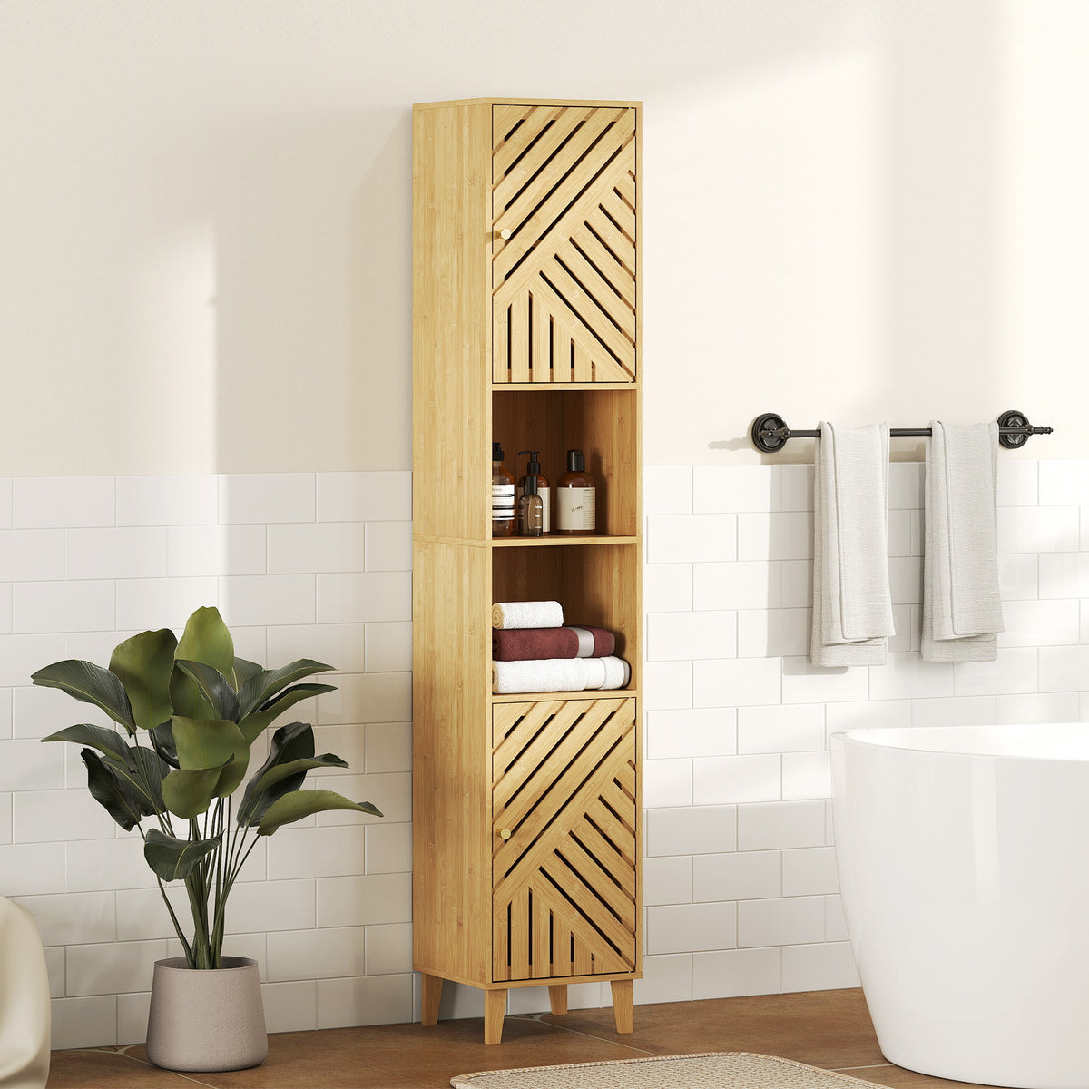 Armoire salle de bain, meuble de rangement colonne, portes en bambou, étagères réglables, 32x30x170cm, bois naturel-9