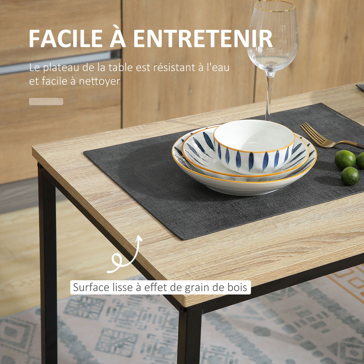 Ensemble Table et chaises de Salle à manger Set de 1 Table + 2 chaises encastrables pour Cuisine - métal Noir Aspect chêne Clair-4