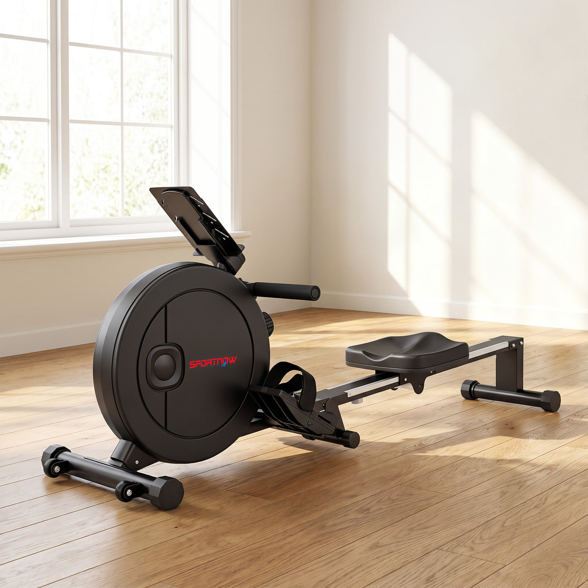 Rameur Musculation d'Appartement Pliable 16 Niveaux, App, Écran LCD, Support de Tablette, 180x50x75cm, Noir-1