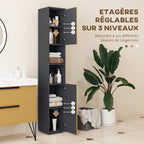 Meuble colonne armoire rangement salle de bain 2 portes étagère réglable 2 niches 30 x 30 x 183 cm chêne gris foncé-4