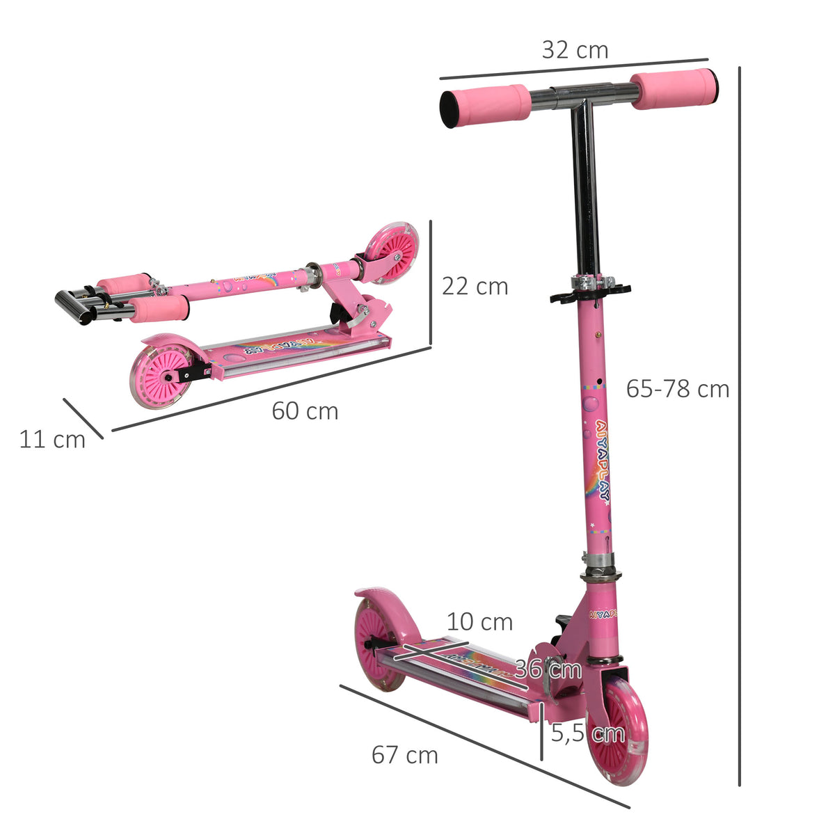 Trottinette pour enfants de 3 à 7 ans pliable roues lumineuses en PU musique 67 x 32 x 78 cm rose-2