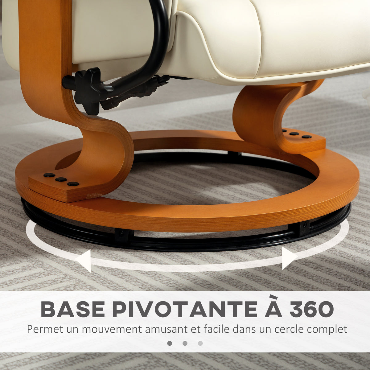 Fauteuil de relaxation inclinable avec repose-pied, pivotant, cadre en bois , revêtement synthétique crème-4