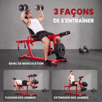 Machine d'Extension de Jambe 3 en 1 Charge 300 kg, Dossier et Positions Réglables, Disques Libres, 163x58x118cm, Rouge-3