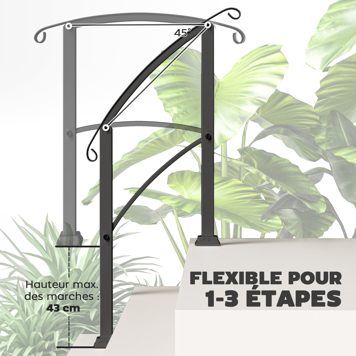 Rampe d'escalier 1 à 3 marches garde-corps pour escalier réglable 0-45° avec kit d'installation 71 x 8 x 148 cm noir-3