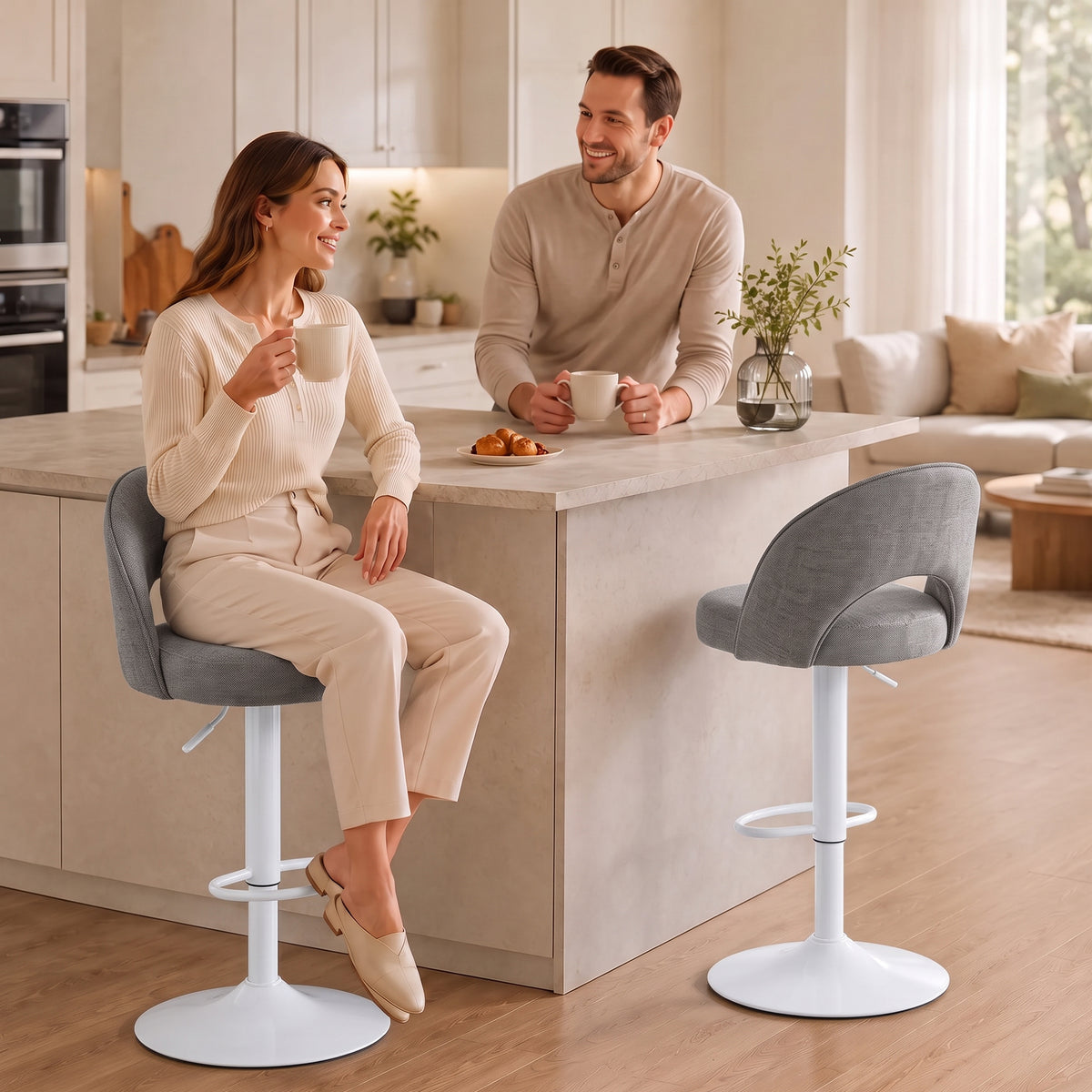 Lot de 2 Tabourets de Bar, Chaises de Bar Réglables en Hauteur, Assise Rembourrée en Chenille, Pivotant 360°, Gris-9