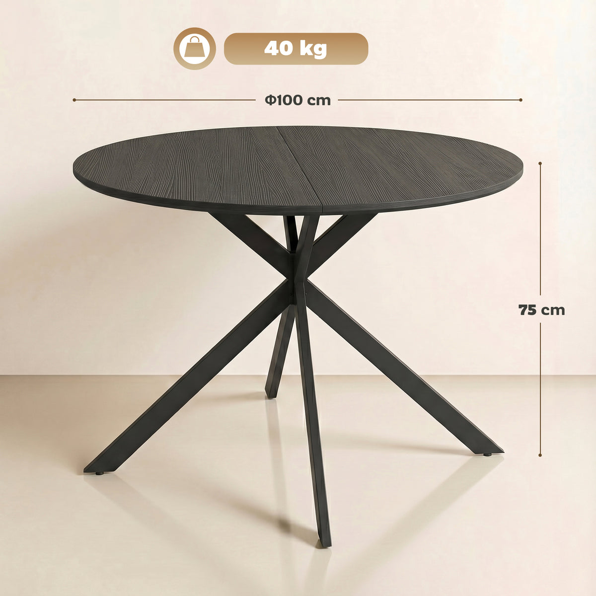 Table à Manger Ronde pour 4 Personnes 100 cm, Style Industriel avec Plateau Aspect Bois, Piètement Croisé en Acier, Noir-2