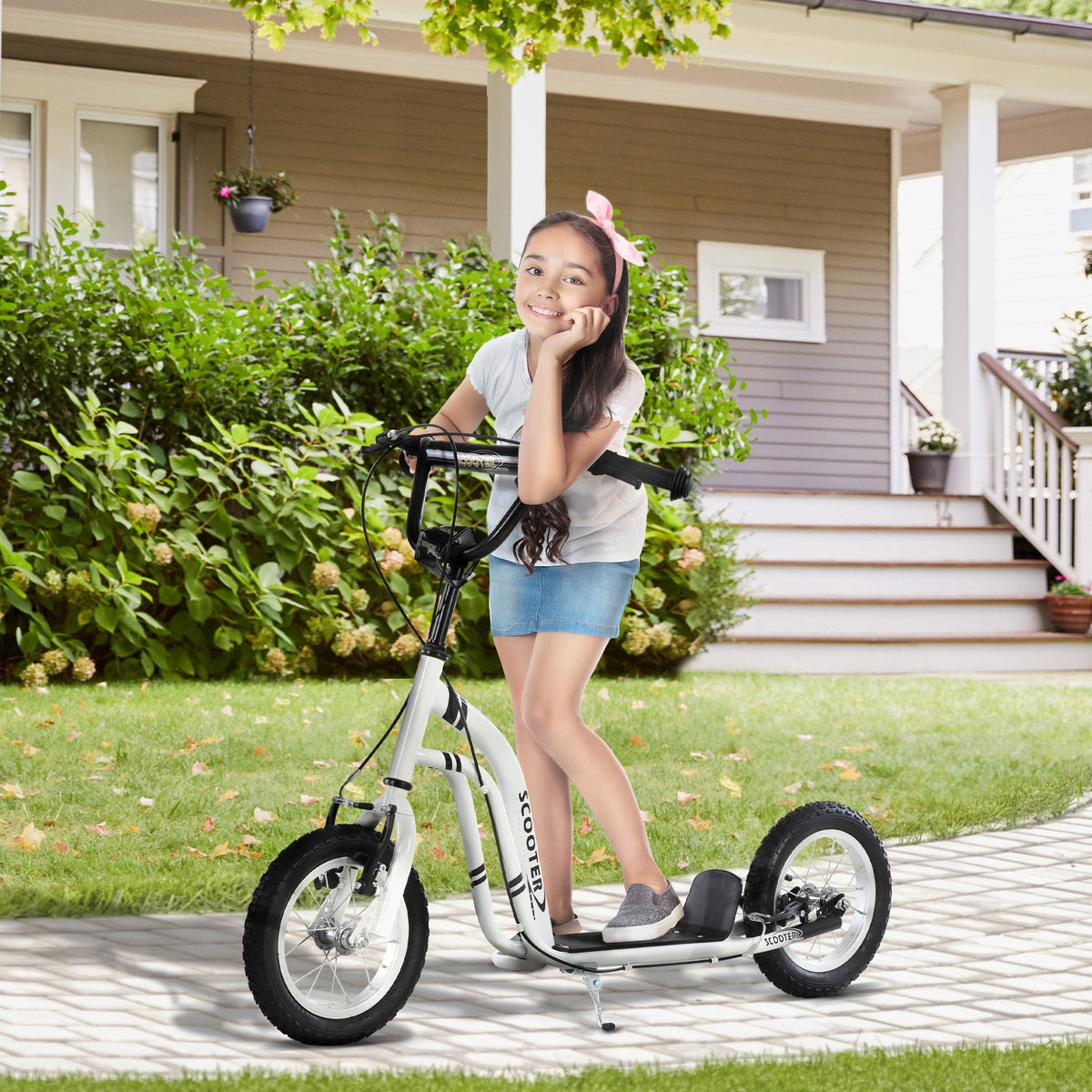 Trottinette enfants, grandes roues pneumatiques 12 pouce en caoutchouc, charge 100 kg, trottinette tout terrain avec double freins, hauteur réglable et béquille latérale, 5 à 12 ans, blanc-1