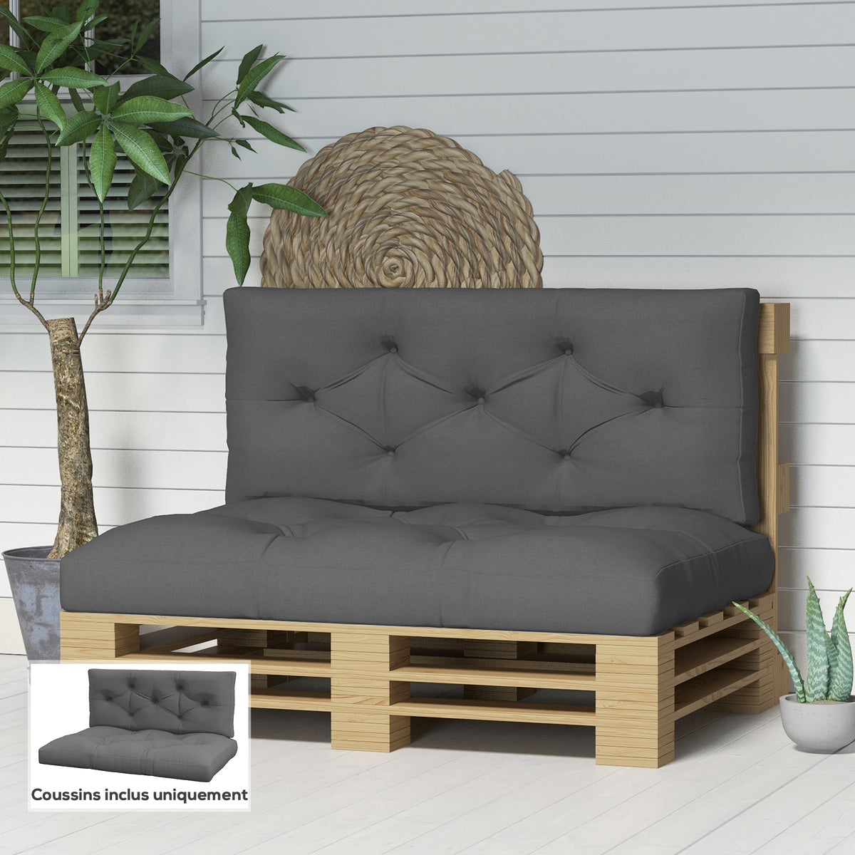 Ensemble de 2 coussins pour canapé palette 2 places dim. 120L x 80l x 12H cm Polyester gris-9