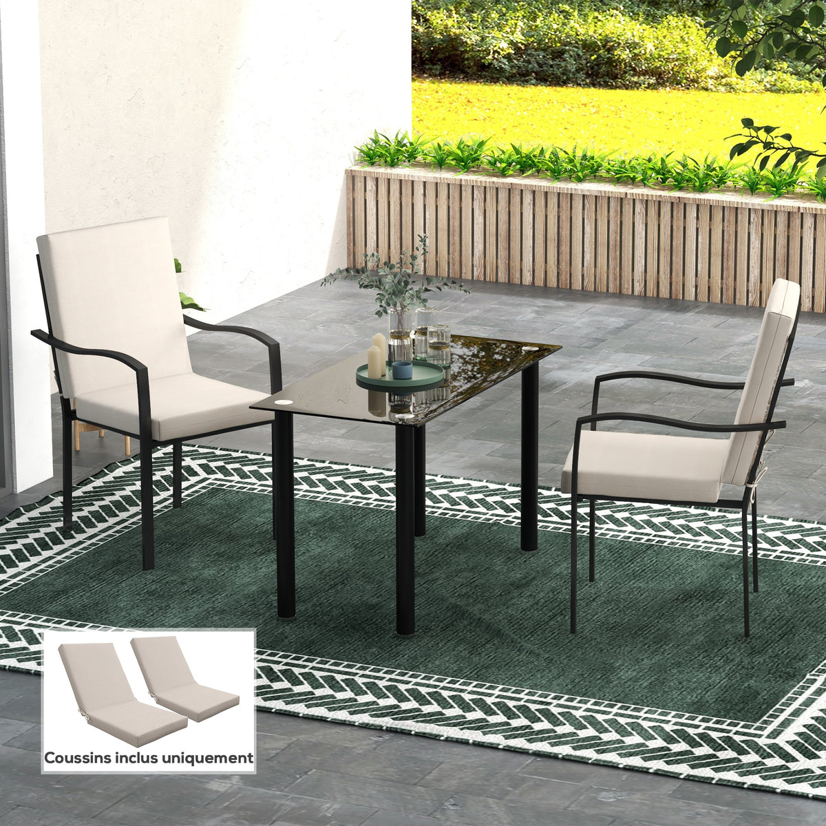 Lot de 2 coussins d'extérieur pour fauteuil chaise à dossier avec attaches rembourrage 8 cm, dim. 112L x 51l cm, beige-9