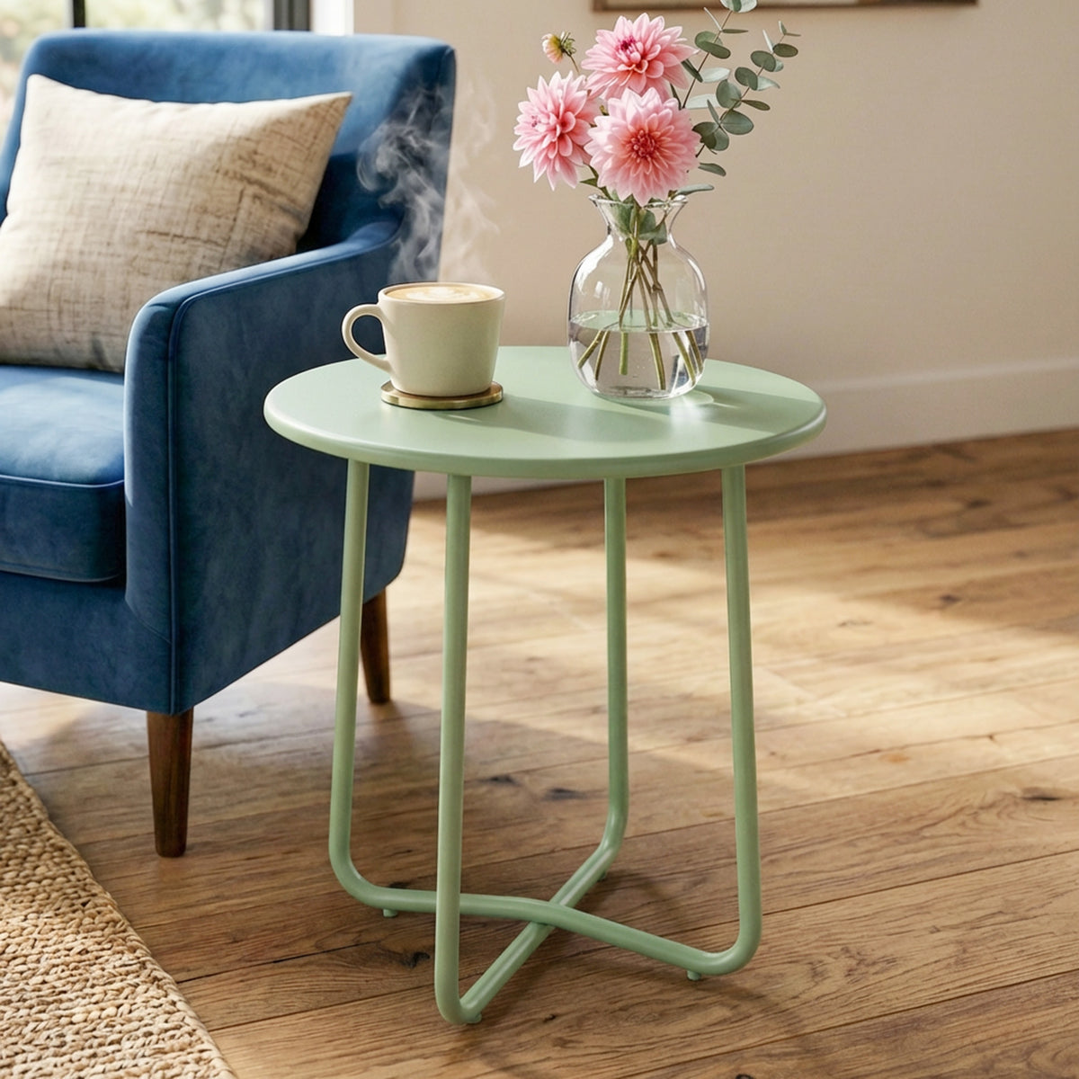 Table Basse Extérieure avec Bord Enroulé, Base en X avec Pieds Réglables en Hauteur, pour Salon Terrasse, Ø48x51cm, Vert-8