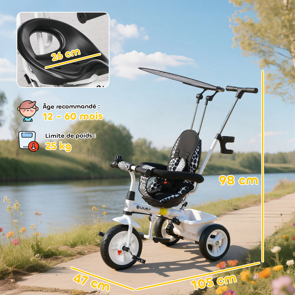 Tricycle Enfants Pare-Soleil Pliable Canne Amovible Benne Rangement 105 x 47 x 98 cm Acier Blanc et Noir-2