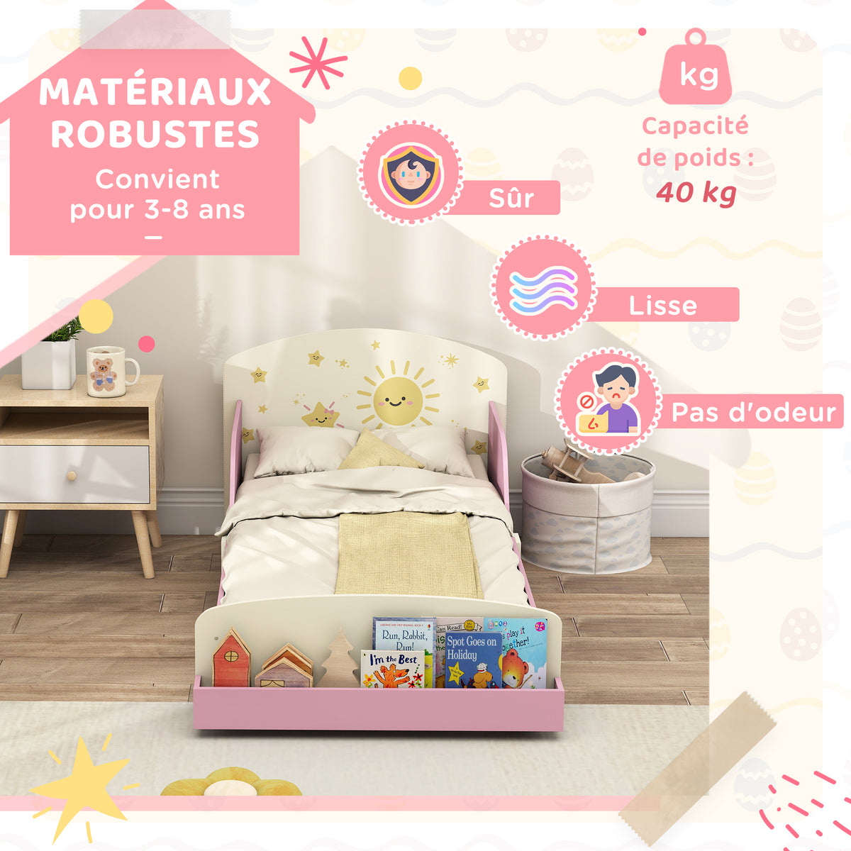 Lit enfant 70 x 140 cm, lit pour enfant avec barriere de securite et sommier à lattes, espace de rangement, rose-6