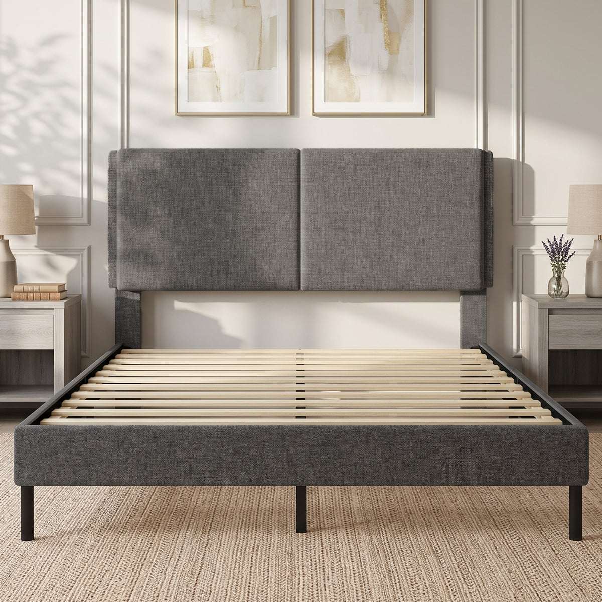 Cadre de Lit 140 x 190 cm avec Sommier et Tête Réglable, Lit Double Rembourré en Lin, Rangement au-dessous, Gris-1