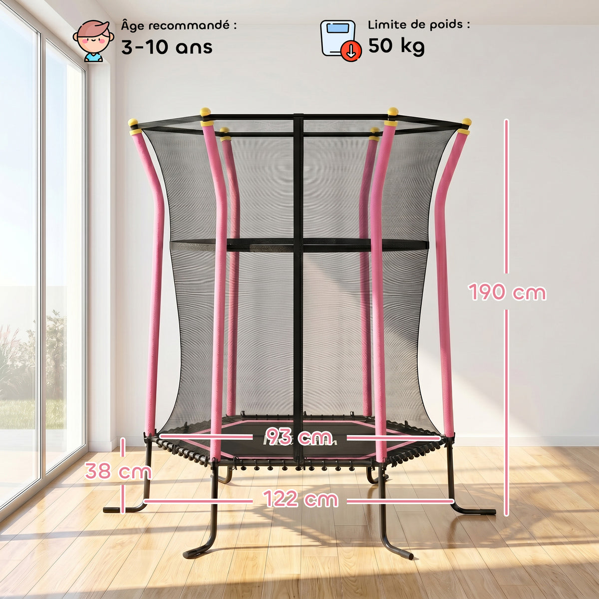 Trampoline pour enfant 1,22 x 1,11 x 1,9 m filet de sécurité porte zippée 6 poteaux rembourrés inclus rose noir-2