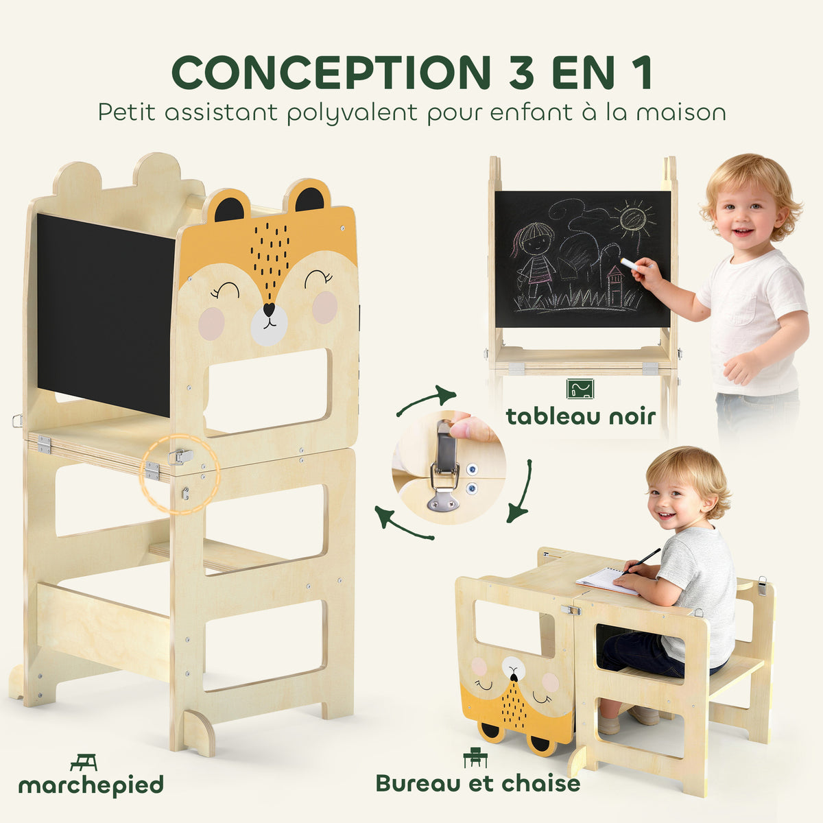 Tour d'Apprentissage Enfant 3 en 1, Tour d'Observation Enfant Pliable avec Tableau Noir, Motif Renard, Naturel-3