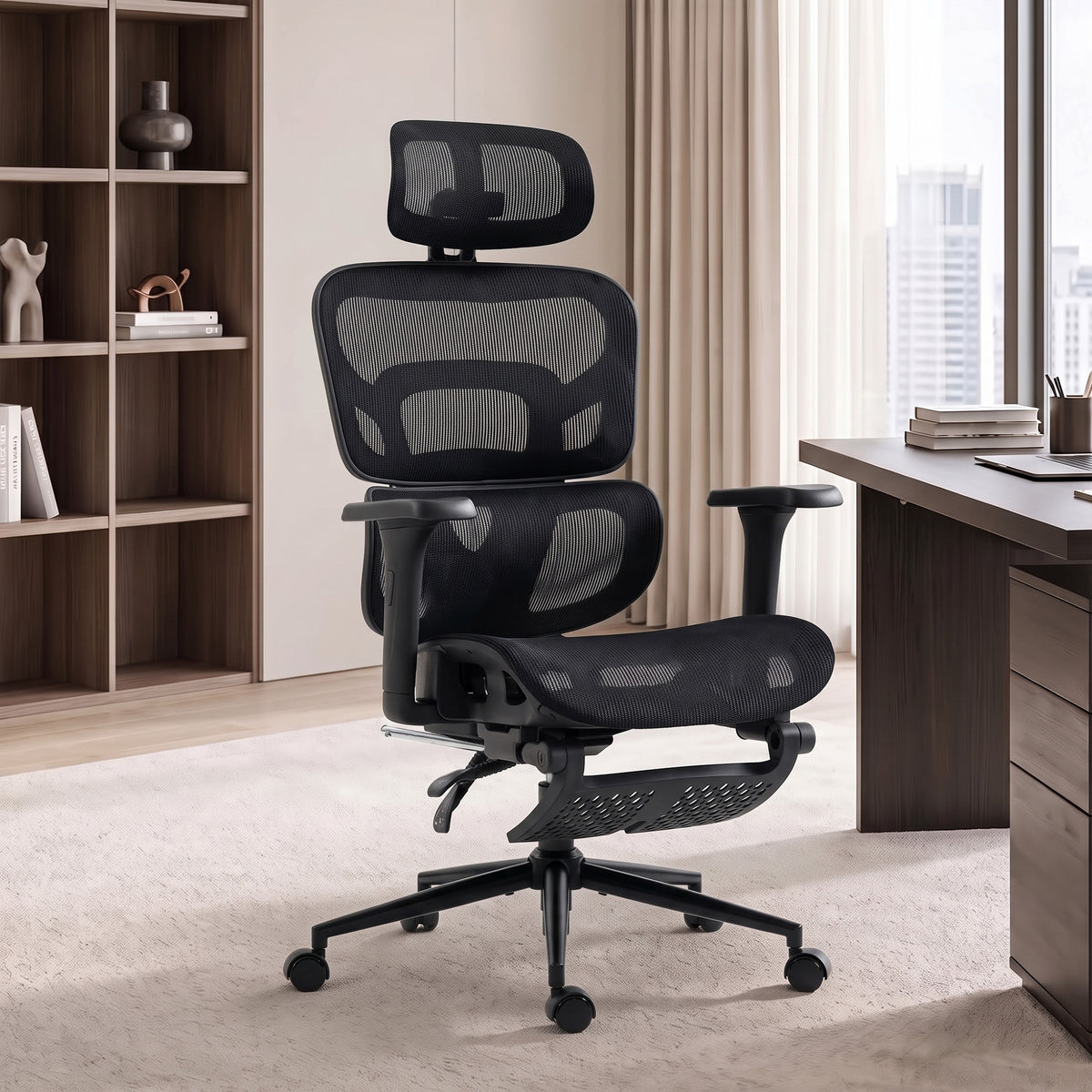 Chaise Bureau Ergonomique Inclinable en Maille, Support Lombaire, Appui-Tête 2D, Double Dossier Aéré, Noir-1