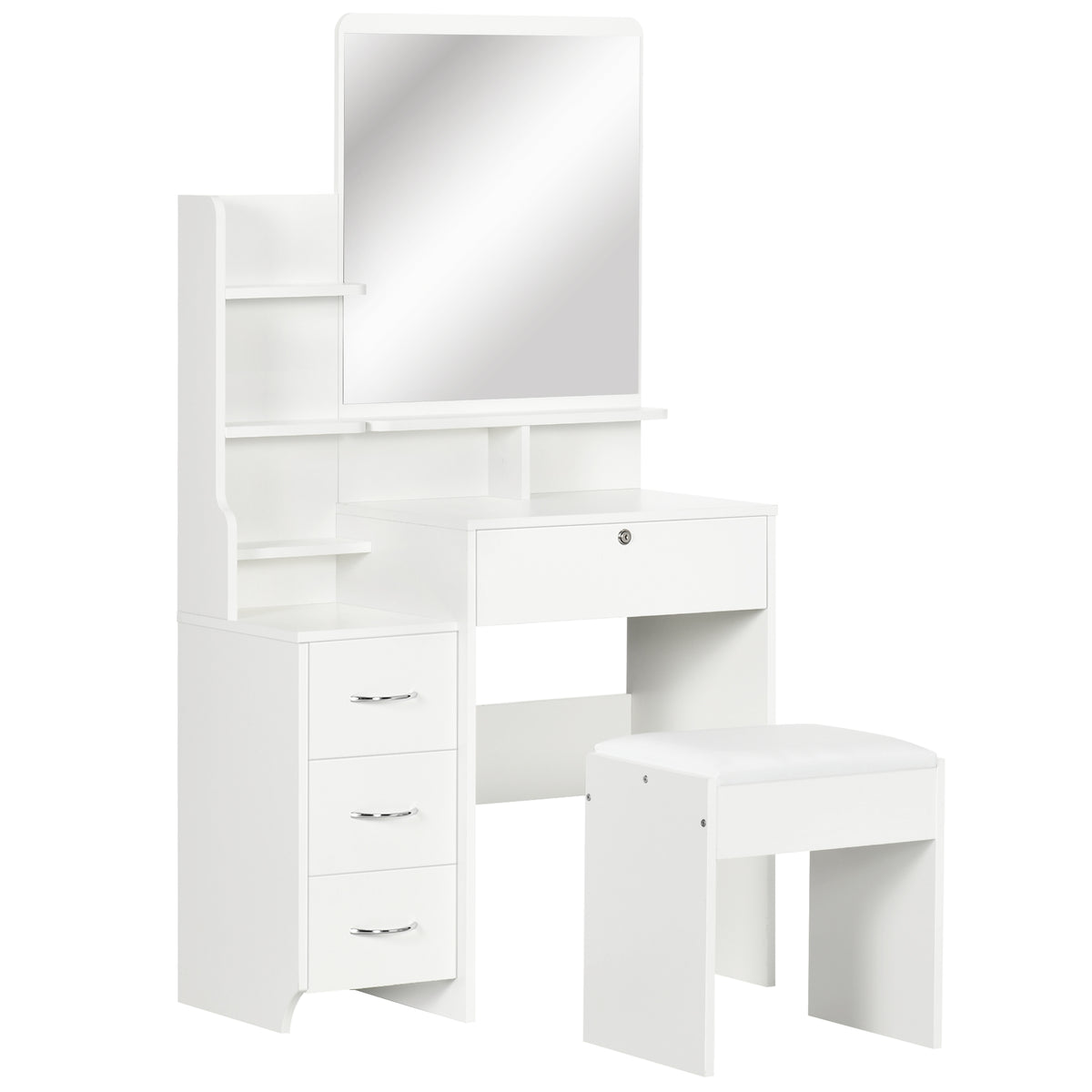 Ensemble de coiffeuse avec tabouret rembourré grand miroir + plusieurs étagères ouvertes + 4 tiroirs blanc-0