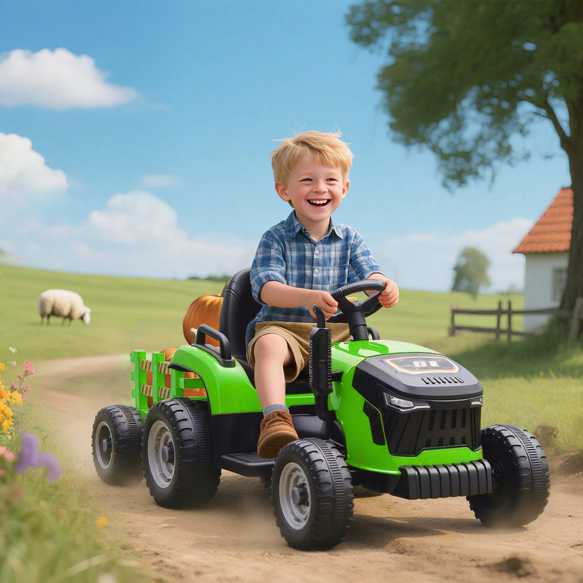 Tracteur électrique enfants avec remorque amovible, voiture électrique enfants, télécommande 2,4G, 139x58x55cm, vert-9