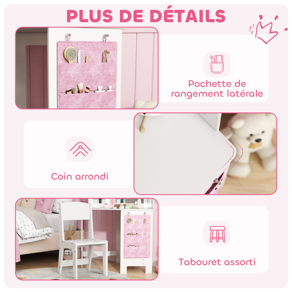 Coiffeuse enfant 2 en 1 avec tabouret miroir triptyque et lumières LED bicolores 93,6 x 48,5 x 111,5 cm blanc-6
